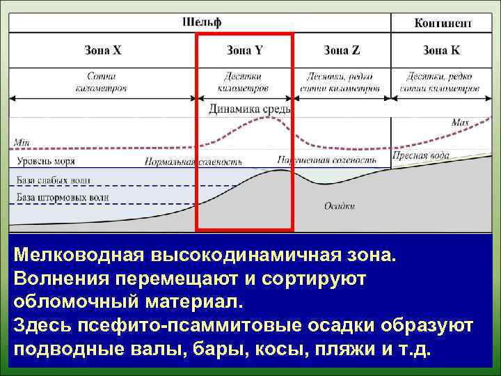 Мелководная высокодинамичная зона. Волнения перемещают и сортируют обломочный материал. Здесь псефито-псаммитовые осадки образуют подводные
