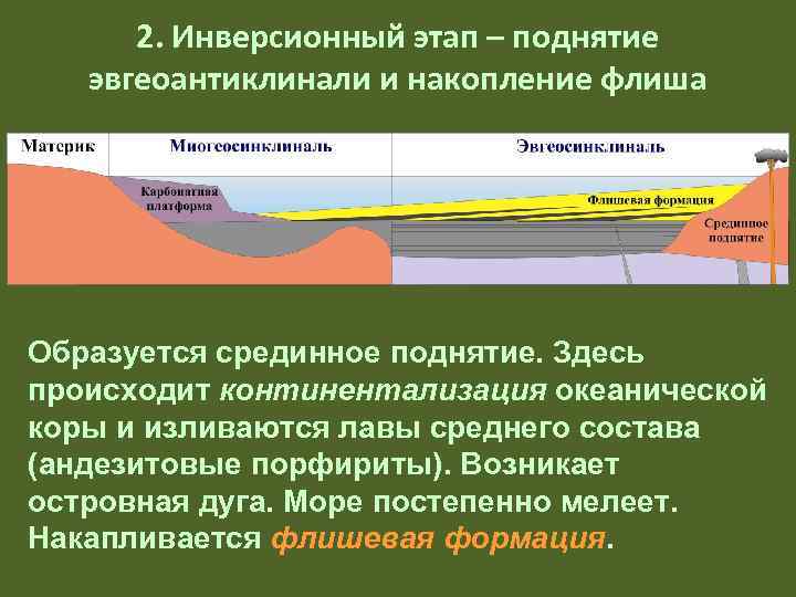  2. Инверсионный этап – поднятие  эвгеоантиклинали и накопление флиша Образуется срединное поднятие.