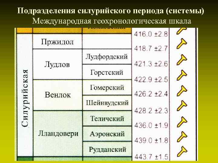 Есть периоды. Международная Геохронологическая шкала. Подразделения силурийской системы. Ярусы силура. Силур период таблица.