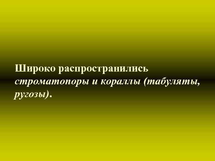Широко распространились строматопоры и кораллы (табуляты, ругозы). Широко распространились строматопоры и кораллы (табуляты, ругозы).