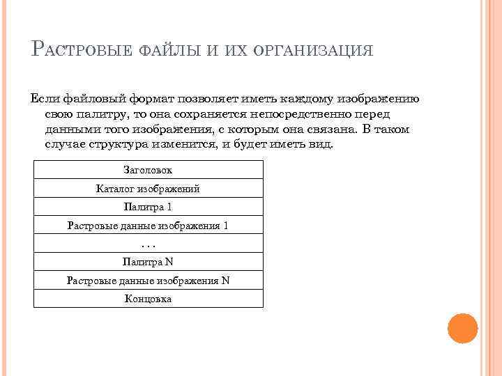 РАСТРОВЫЕ ФАЙЛЫ И ИХ ОРГАНИЗАЦИЯ Если файловый формат позволяет иметь каждому изображению  свою