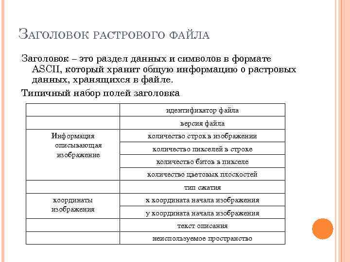ЗАГОЛОВОК РАСТРОВОГО ФАЙЛА Заголовок – это раздел данных и символов в формате  ASCII,