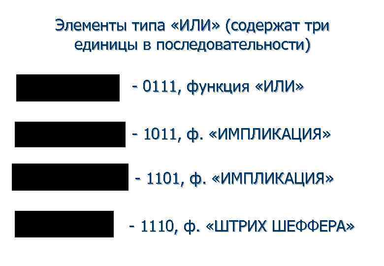 Элементы типа «ИЛИ» (содержат три  единицы в последовательности)  - 0111, функция «ИЛИ»