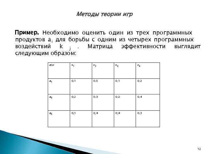      Методы теории игр  Пример. Необходимо оценить один из