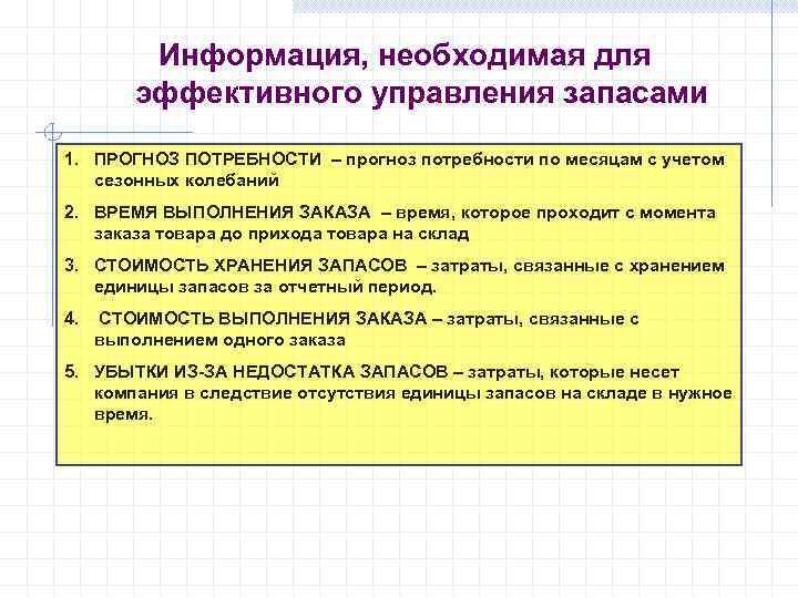    Информация, необходимая для   эффективного управления запасами 1. ПРОГНОЗ ПОТРЕБНОСТИ