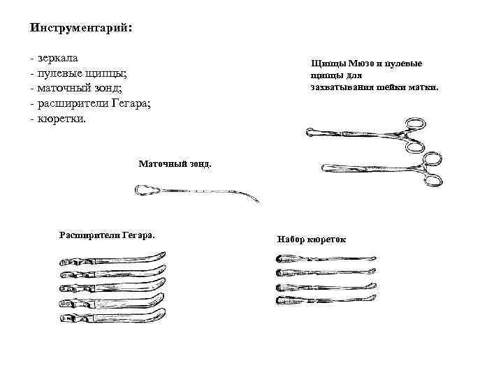 Инструментарий:  - зеркала      Щипцы Мюзо и пулевые -