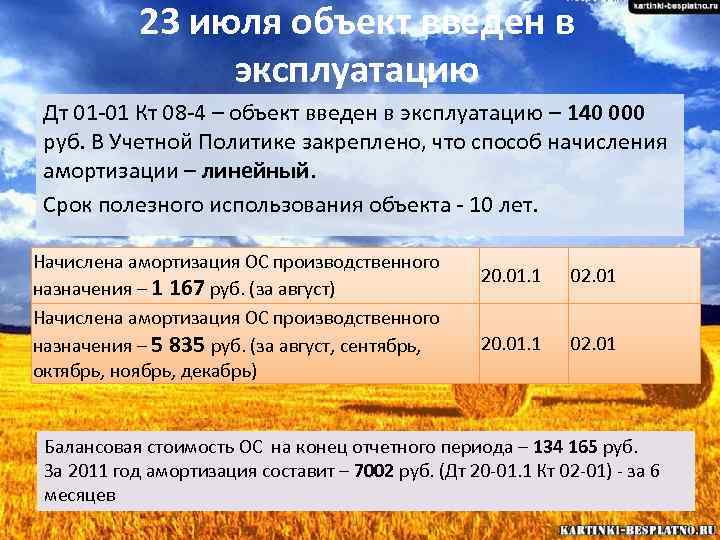   23 июля объект введен в    эксплуатацию Дт 01 -01