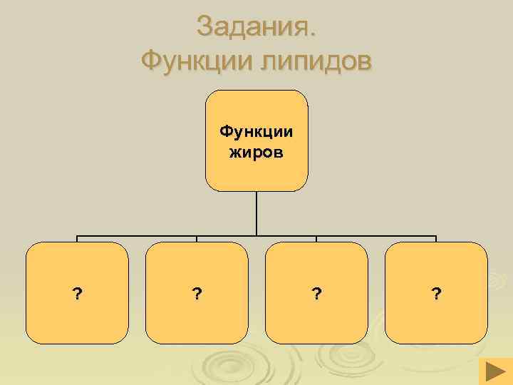 Задания. Функции липидов Функции жиров ? ? Задания. Функции липидов Функции жиров ? ?