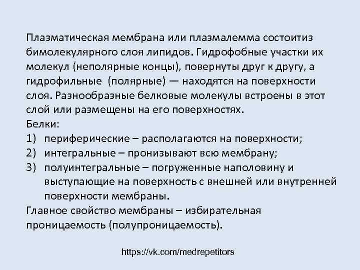 Плазматическая мембрана или плазмалемма состоитиз бимолекулярного слоя липидов. Гидрофобные участки их молекул (неполярные концы),