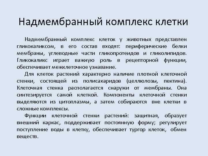 Надмембранный комплекс клетки  Надмембранный комплекс клеток у животных представлен гликокаликсом,  в его