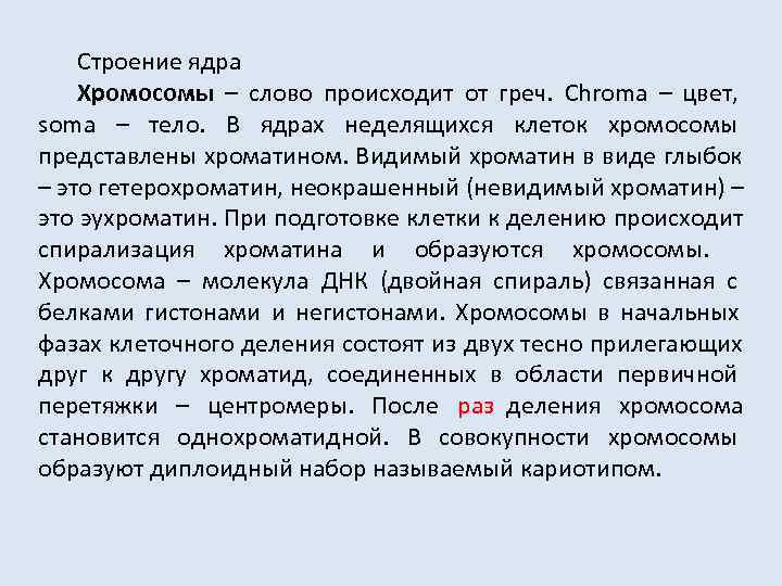   Строение ядра Хромосомы – слово происходит от греч.  Chroma – цвет,