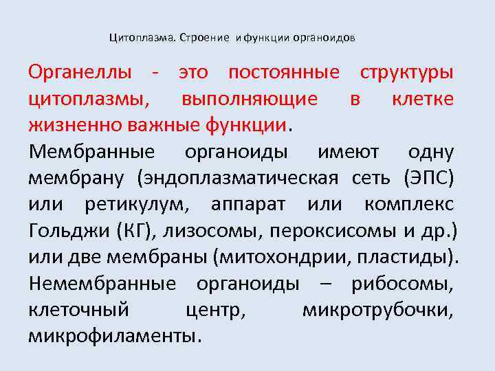   Цитоплазма. Строение и функции органоидов  Органеллы - это постоянные структуры цитоплазмы,