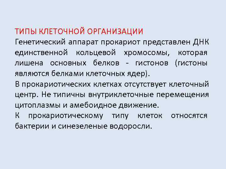 ТИПЫ КЛЕТОЧНОЙ ОРГАНИЗАЦИИ Генетический аппарат прокариот представлен ДНК единственной кольцевой хромосомы,  которая лишена