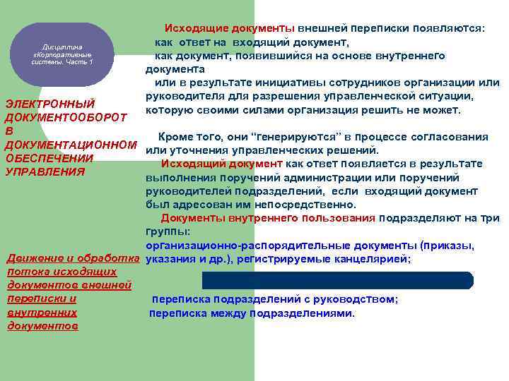 Дисциплина «Корпоративные системы. Часть 1 Исходящие документы внешней переписки появляются: как ответ на входящий