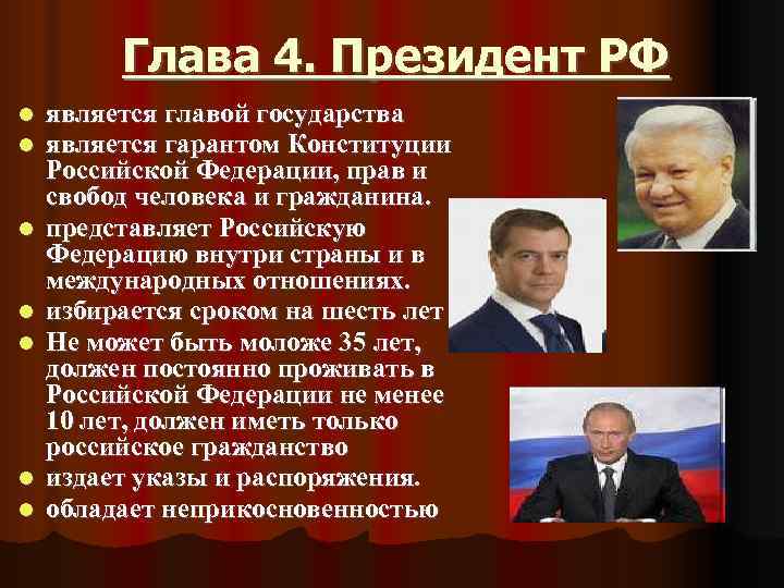    Глава 4. Президент РФ является главой государства является гарантом Конституции Российской