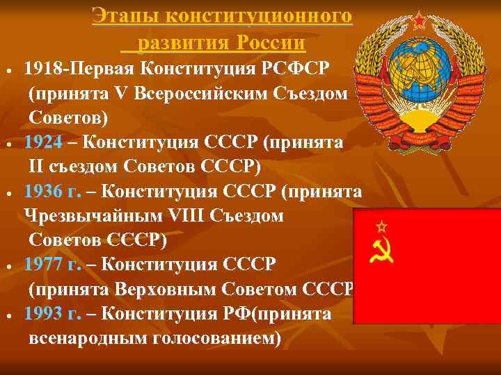   Этапы конституционного    развития России •  1918 -Первая Конституция