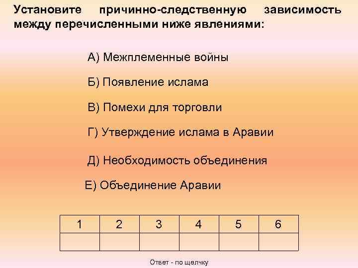 Установите причинно-следственную зависимость между перечисленными ниже явлениями:    А) Межплеменные войны 