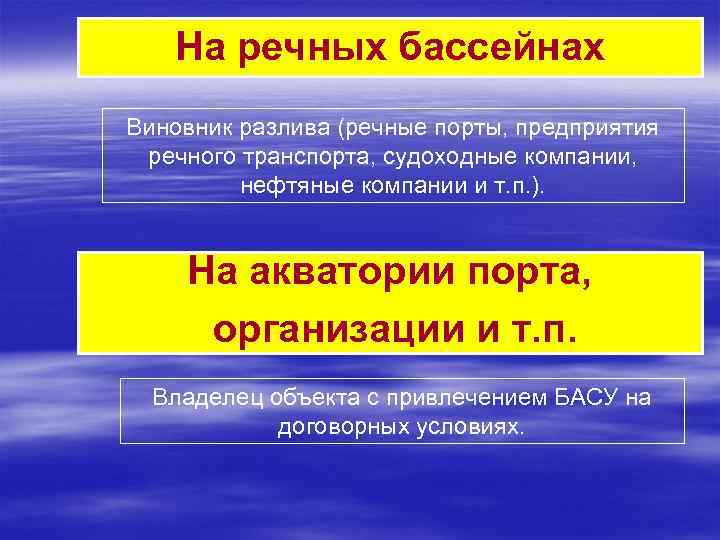  На речных бассейнах Виновник разлива (речные порты, предприятия речного транспорта, судоходные компании,