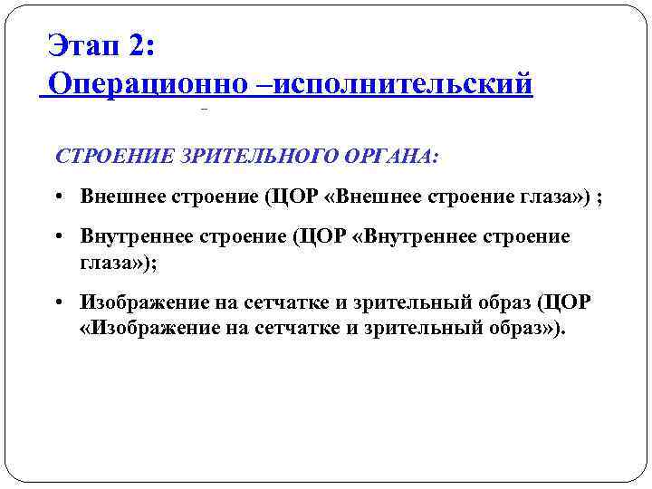 Этап 2: Операционно –исполнительский СТРОЕНИЕ ЗРИТЕЛЬНОГО ОРГАНА:  • Внешнее строение (ЦОР «Внешнее строение