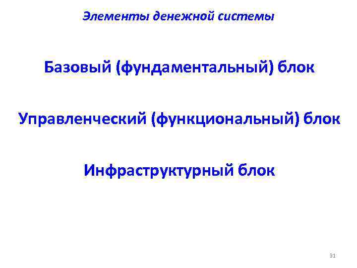   Элементы денежной системы Базовый (фундаментальный) блок Управленческий (функциональный) блок   Инфраструктурный