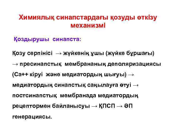  Химиялық синапстардағы қозуды өткізу    механизмі Қоздырушы синапста:  Қозу серпінісі