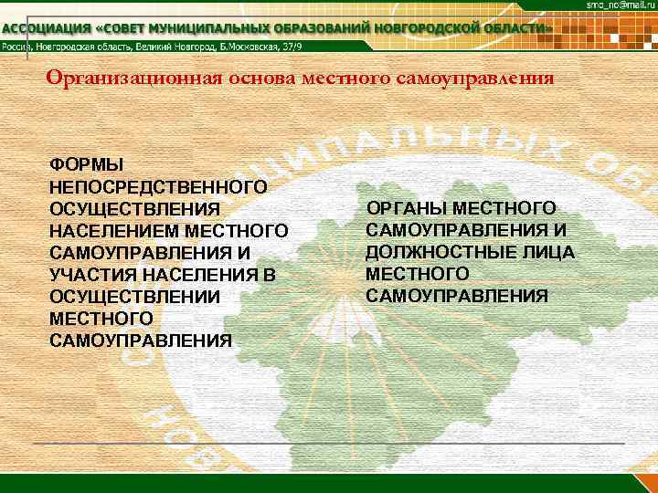 Организационная основа местного самоуправления  ФОРМЫ НЕПОСРЕДСТВЕННОГО ОСУЩЕСТВЛЕНИЯ    ОРГАНЫ МЕСТНОГО НАСЕЛЕНИЕМ