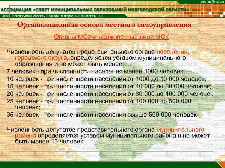  Организационная основа местного самоуправления    Органы МСУ и должностные лица