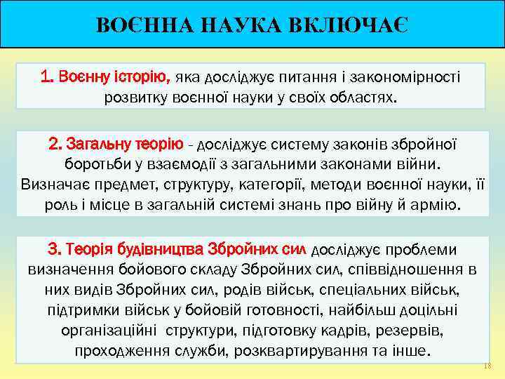    ВОЄННА НАУКА ВКЛЮЧАЄ  1. Воєнну історію, яка досліджує питання і