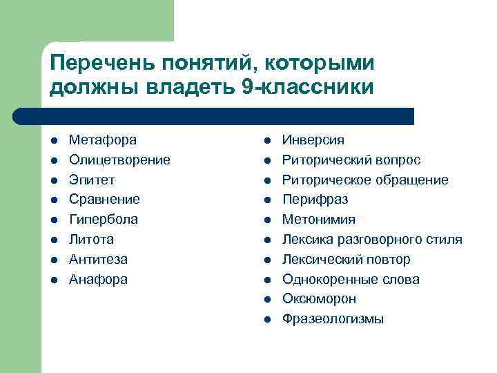 Перечень понятий, которыми должны владеть 9 -классники l Метафора l Инверсия Перечень понятий, которыми должны владеть 9 -классники l Метафора l Инверсия