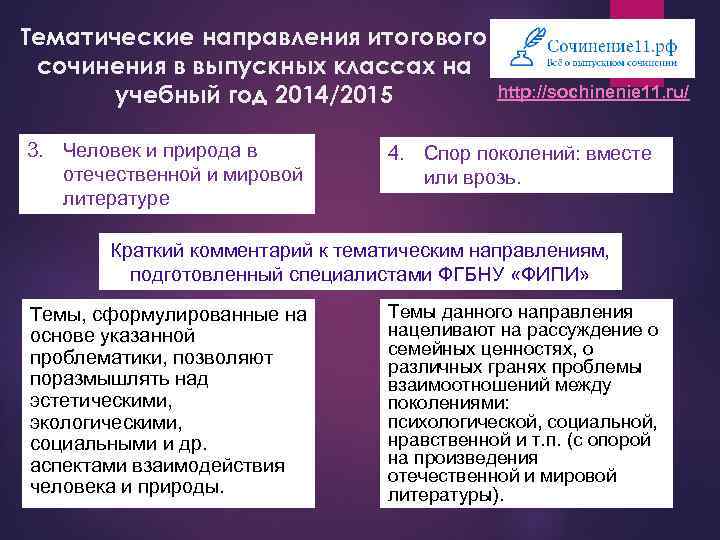 Тематические направления итогового сочинения в выпускных классах на  учебный год 2014/2015  