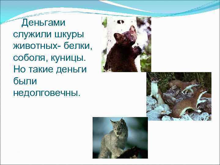 Деньгами служили шкуры животных- белки, соболя, куницы. Но такие деньги были недолговечны. Деньгами служили шкуры животных- белки, соболя, куницы. Но такие деньги были недолговечны.