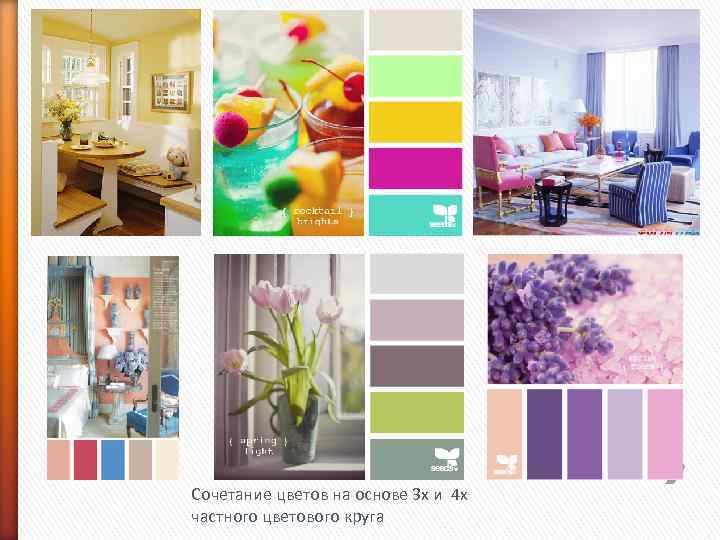 Сочетание цветов на основе 3 х и 4 х частного цветового круга 