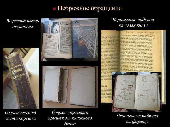■ Небрежное обращение Чернильные надписи на полях книги Вырезана часть страницы Отрыв верхней части