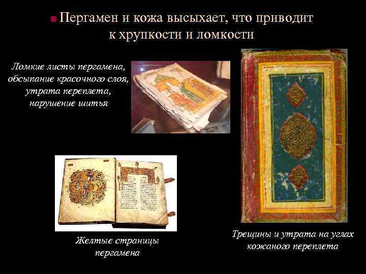 ■ Пергамен и кожа высыхает, что приводит к хрупкости и ломкости Ломкие листы пергамена,