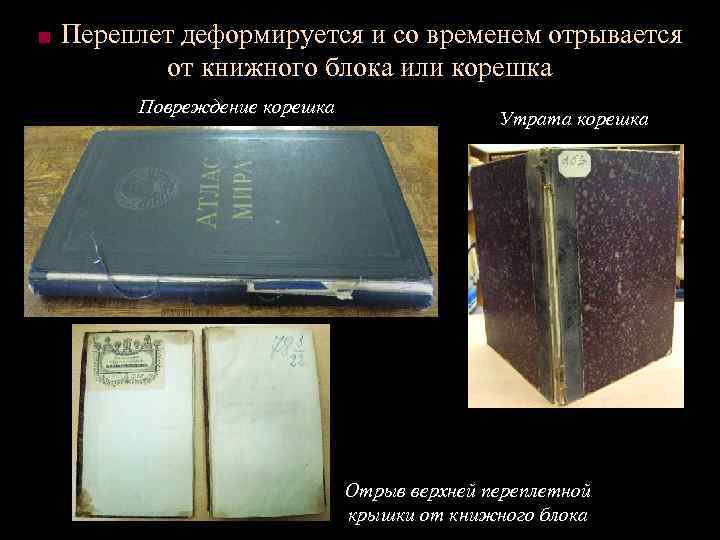 ■ Переплет деформируется и со временем отрывается от книжного блока или корешка Повреждение корешка