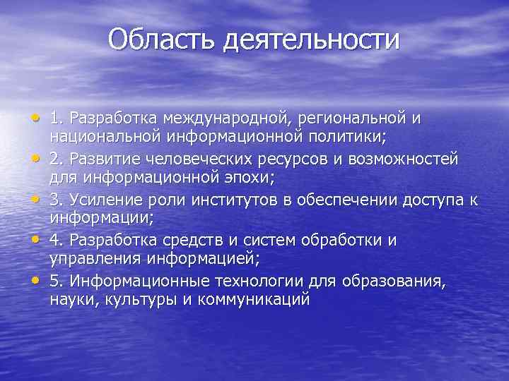   Область деятельности  • 1. Разработка международной, региональной и национальной информационной политики;