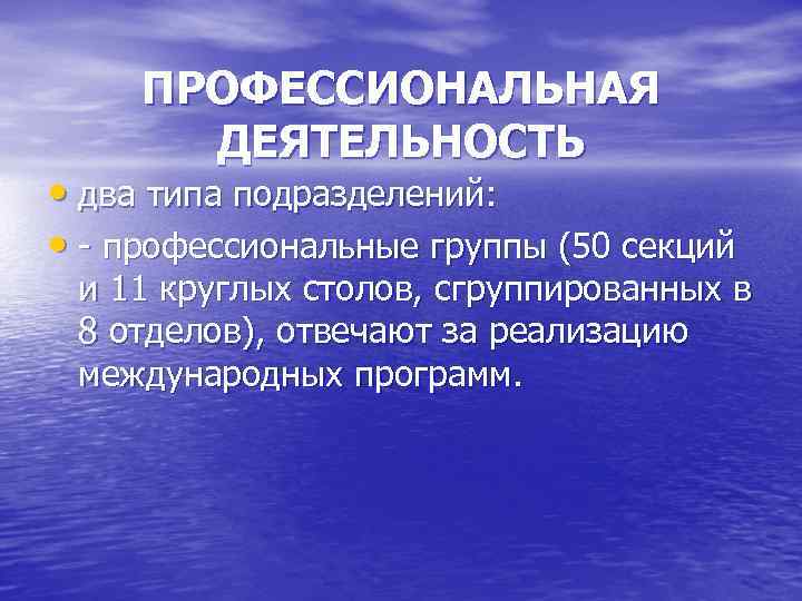 ПРОФЕССИОНАЛЬНАЯ  ДЕЯТЕЛЬНОСТЬ  • два типа подразделений:  • - профессиональные группы