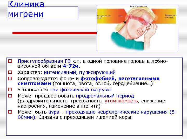 Клиника мигрени o  Приступообразная ГБ к. п. в одной половине головы в лобно-