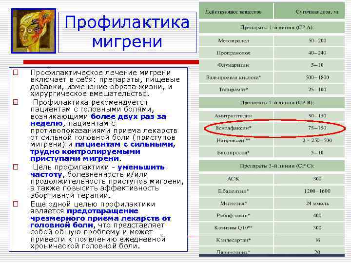   Профилактика   мигрени o  Профилактическое лечение мигрени включает в себя:
