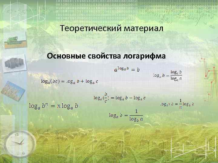  Теоретический материал Основные свойства логарифма 