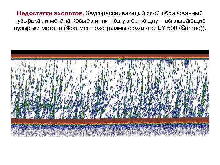 Недостатки эхолотов. Звукорассеивающий слой образованный пузырьками метана Косые линии под углом ко дну –