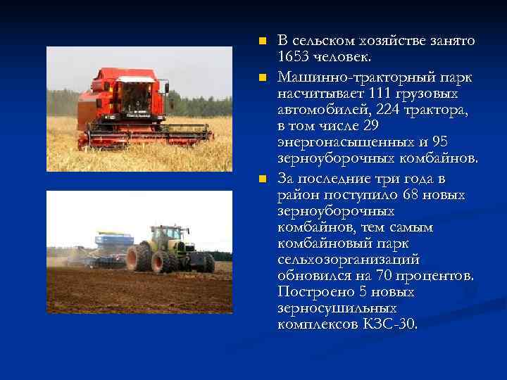 n  В сельском хозяйстве занято 1653 человек. n  Машинно-тракторный парк насчитывает 111