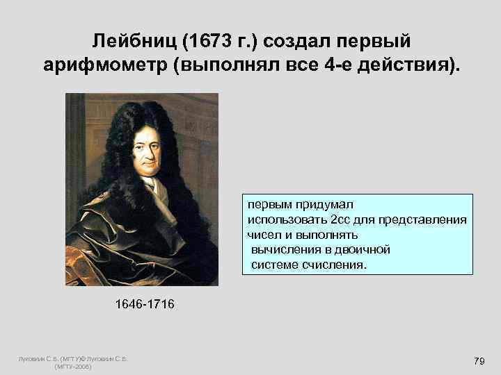  Лейбниц (1673 г. ) создал первый   арифмометр (выполнял все 4