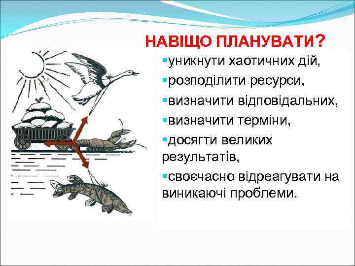 НАВІЩО ПЛАНУВАТИ?  § уникнути хаотичних дій,  § розподілити ресурси,  § визначити