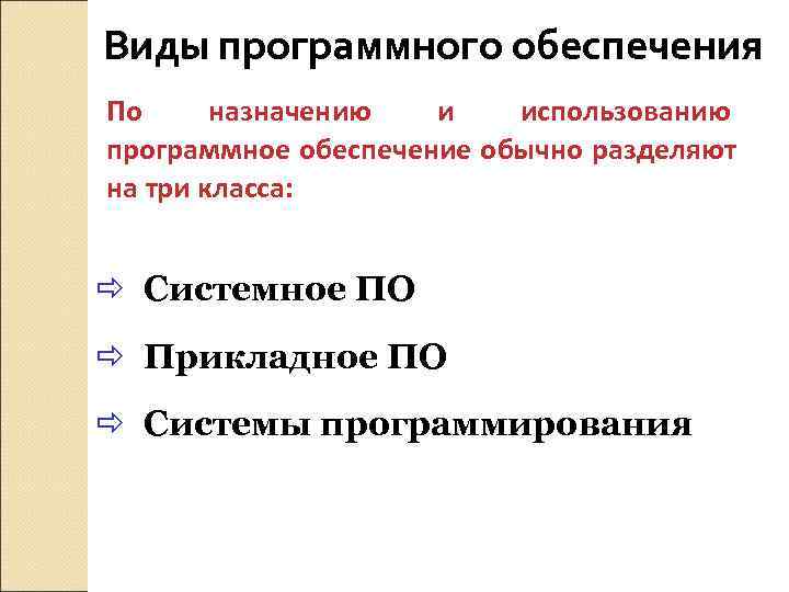Виды программного обеспечения По назначению  и  использованию программное обеспечение обычно разделяют на