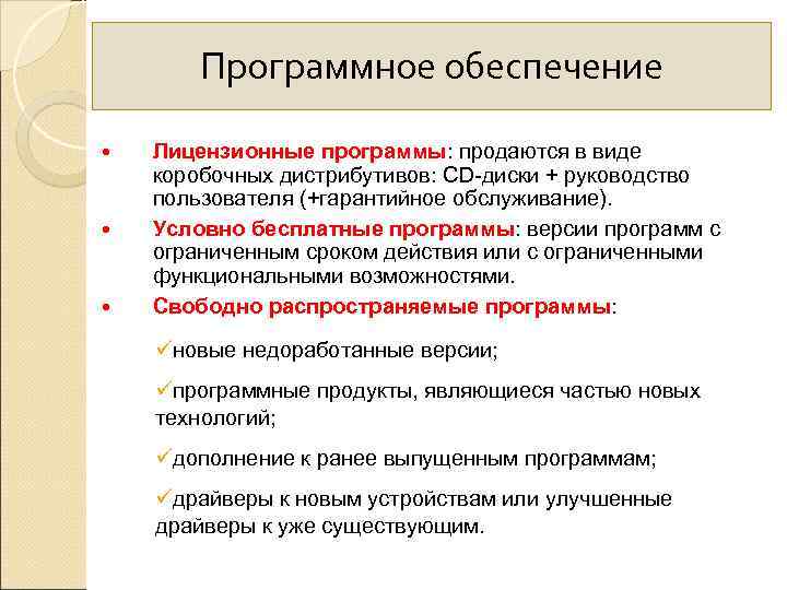   Программное обеспечение Лицензионные программы: продаются в виде коробочных дистрибутивов: CD-диски + руководство