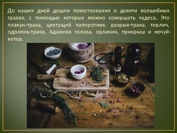 До наших дней дошли повествования о девяти волшебных травах, с помощью которых можно совершать