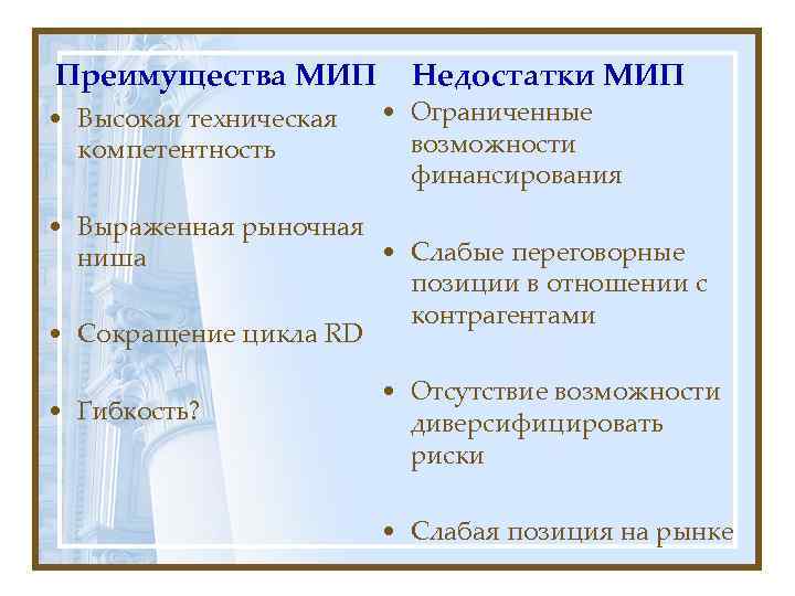 Преимущества МИП   Недостатки МИП • Высокая техническая  • Ограниченные  компетентность