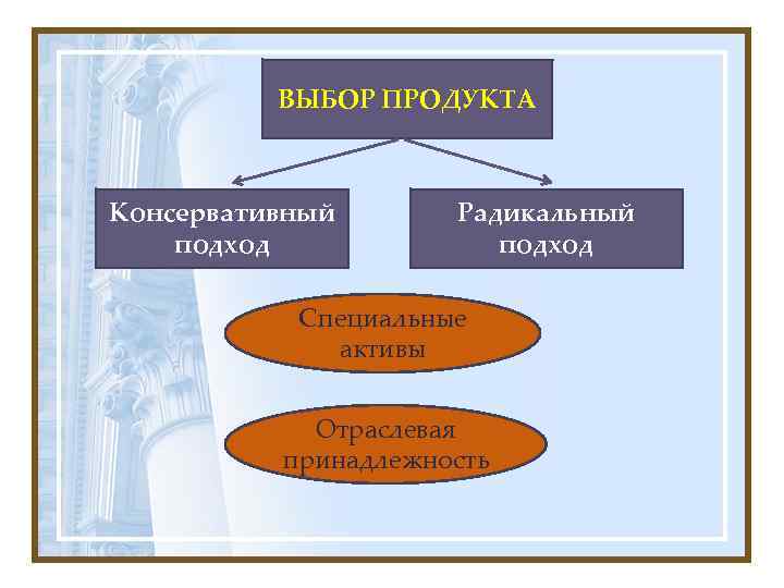    ВЫБОР ПРОДУКТА  Консервативный  Радикальный подход   Специальные 