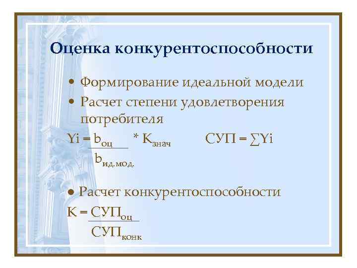 Оценка конкурентоспособности  • Формирование идеальной модели  • Расчет степени удовлетворения  потребителя